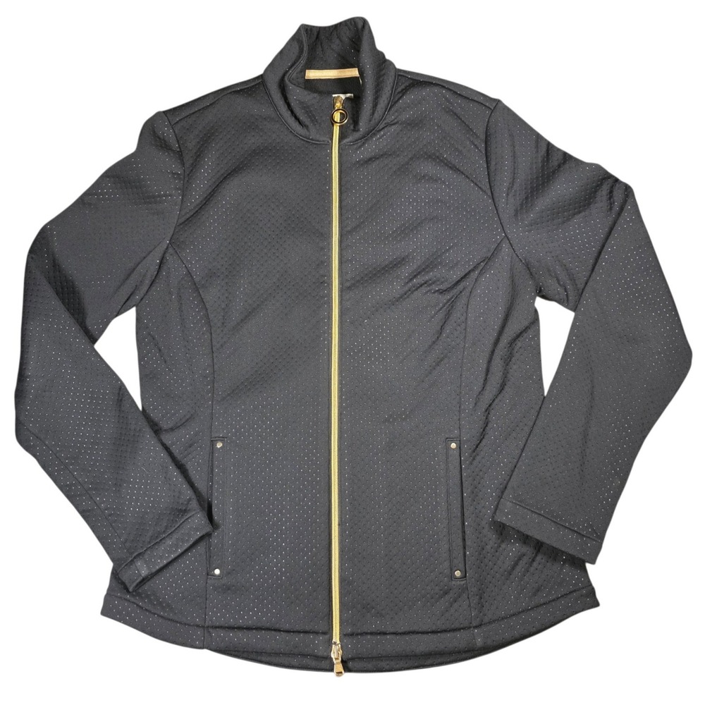 Greg Norman Womens Black Full Zip Golf Jacket Gold Zipper Mock Neck Size Medium